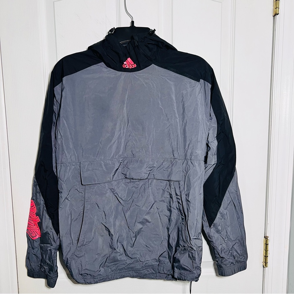 Adidas Gray and Black Hooded Windbreaker with Pink Accents